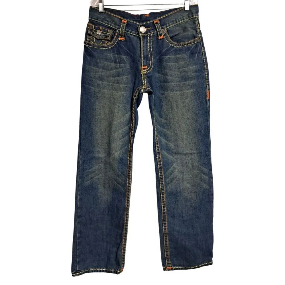 True Religion Billy Super T Jeans Mens 34 READ World Tour Patch Orange Yellow St